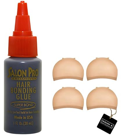 Hair Bonding Glue & 2 Packs Mahn K HD Wig Caps - Salon Pro Hair Bonding Glue Black 30ml - Strong Hair Glue for Hair Extensions, Weaves, Wigs & Lace Front Styles - Bonding Glue for Professional Results