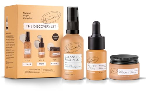UpCircle Discovery Set – Cleansing Face Milk, Face Moisturiser and Peptide Serum Trio – Vitamin E, Niacinamide + Aloe Vera – Boosts Collagen, Hydrates + Soothes – Vegan + Cruelty-Free