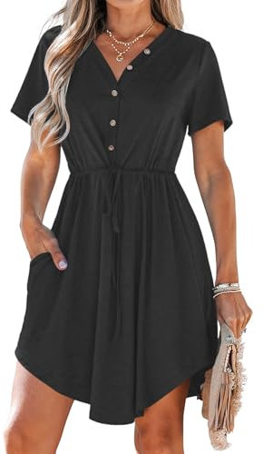 AUSELILY Summer Dresses for Women UK Casual V Neck Short Sleeve Drawstring Midi Dresses with Pockets Black M
