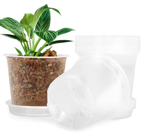 FUIJOL 4/5/6/7 Inch Clear Nursery Pots for Plants with Sacuers 20 Pack, Plastic Flower Pots with Drainage Holes, Variety Pack Seedlings Garden Pot for Indoor Outdoor (5 inch)