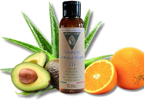 phy to pet | Shampoo Professionale Lenitivo per Cani e Gatti - Trattamento Dermopurificante per Pelle Irritata o Sensibile - Formulato con Aloe Vera, Olio Essenziale di Avocado ed Arancio - 100 ml