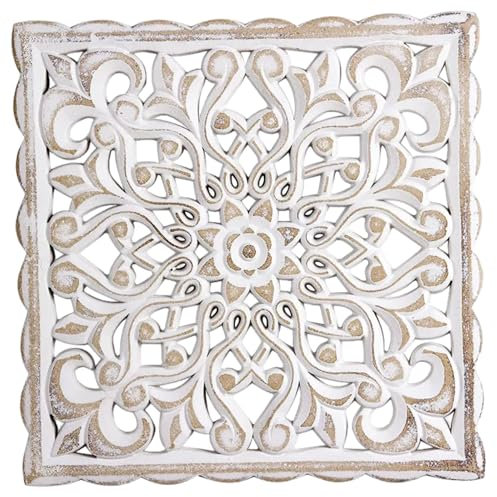 Gcroet Holzwanddekor, Blumenhöhle Geschnitzte Holzwandkunst, Vintage weiße dekorative Wandpaneele Mandala Wandkunst 12x12x0.5 Hängende Wandtafel mit Mandala Design für Flur Schlafzimmer Wohnzimmer