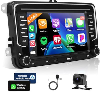 Motorsi 4+64G Carplay Autoradio für VW Seat/Skoda/Altea/Toledo/Leon/Altea XL mit Kabellosem Android Auto, 7 Zoll Android 13 Touchscreen GPS Navi/WiFi/FM/RDS/SWC/Canbus/BT/EQ+AHD Kamera+Mic