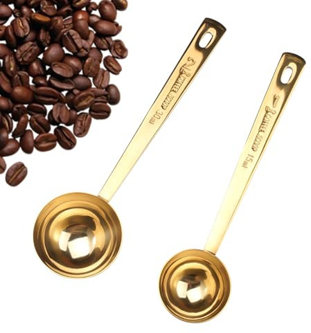 2 Stück Tragbarkeit Kaffeeschaufel,15 ml und 30 ml Goldener Messlöffel für Kaffee, Kaffeemaßlöffel aus Edelstahl,Wiederverwendbar Runder Kaffeelöffel,Hängende Messlöffel Kaffee,für Tee,Gewürze,Honig