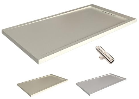 VAROBATH | Plato de ducha de resina STYLE - Resina con relleno mineral y textura pizarra antideslizante C3 - Incluye válvula de desagüe y rejilla oculta (BLANCO ROTO RAL9001, 70X140)