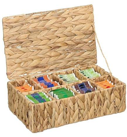 Relaxdays Teebox, 8 Fächer, 110 Teebeutel, geflochtener Tee-Organizer, HxBxT: 10 x 33 x 20,5 cm, Wasserhyazinthe, Natur