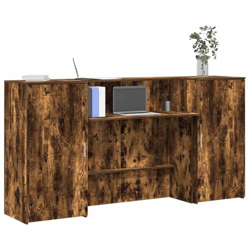 Mandloder Empfangstheke Räuchereiche, 200x50x103,5 cm, Holzwerkstoff, Büromöbel, Tresen mit Stauraum, für Büro, Praxis, Hotel
