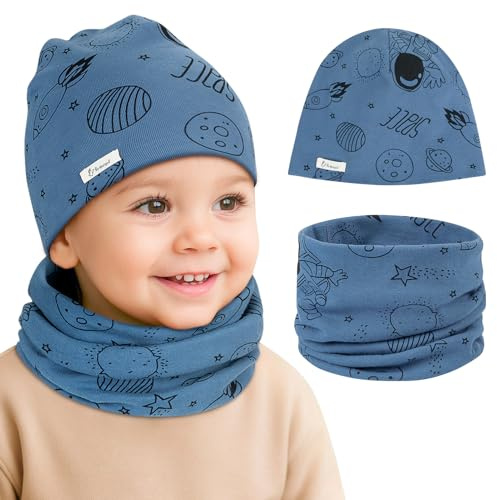 Kiiwah Kinder Beanie Mütze und Loop Schal Set, Baumwolle Schlauchschal Warme Strickmützen Set Mädchen Jungen für Baby Herbst Winter Frühling