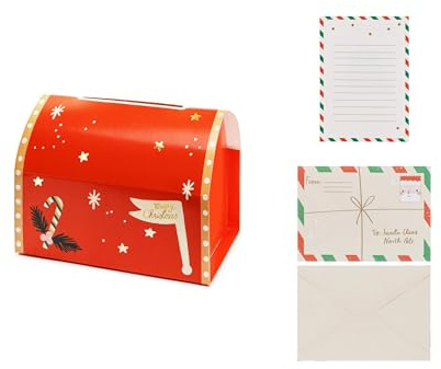 Schiggeria Weihnachtliche Briefbox, Briefkasten, Festliche Rote Geschenkbox mit Goldakzenten und Weihnachtsmotiven, inklusive 5 Briefpapiere und 5 Umschläge für Briefe an Weihnachtsmann,ca.14x22x13 cm