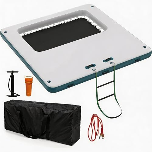 Aufblasbare Schwimmplattform Schwimmdock 305x305 cm Mit 122x213 cm Trampolin Netz, rutschfeste Floating Dock Badeinsel Aus PVC Mit Abnehmbarer Leiter & Tragetasche Für See Pool Strand