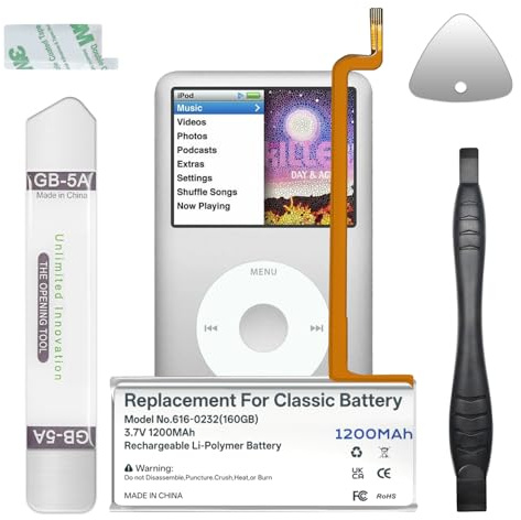 616-0232 Battery Replacement, 1200mAh High Capacity Battery with Tools for iPod Classic 5th/6th/7th Generation (A1238, A1136) - Compatible with 30GB, 80GB, 120GB, 160GB Models