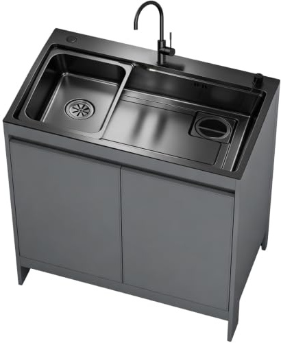 Mobile Lavatoio Moderno, Armadio Impermeabile in Alluminio a Nido d'Ape con Lavello Nero Nano Inox, Lavatoio da Esterno/Interno con Rubinetto a Collo di Cigno, Bianco/Grigio
