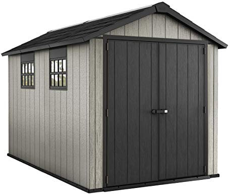 Keter Oakland 7.5x11 Foot Large Resin Outdoor Shed with Customizable Walls for Lawn Mower and Bike Storage, 7.5 x 11, Grey