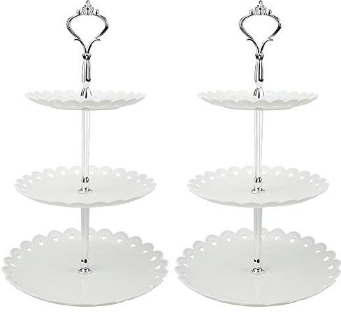 Hotoco 3-tier White Silver Plastic Dessert Stand Pastry Stand Cake Stand Cupcake Stand Holder Serving Platter for Party Wedding Home Decor-Small-set of 2