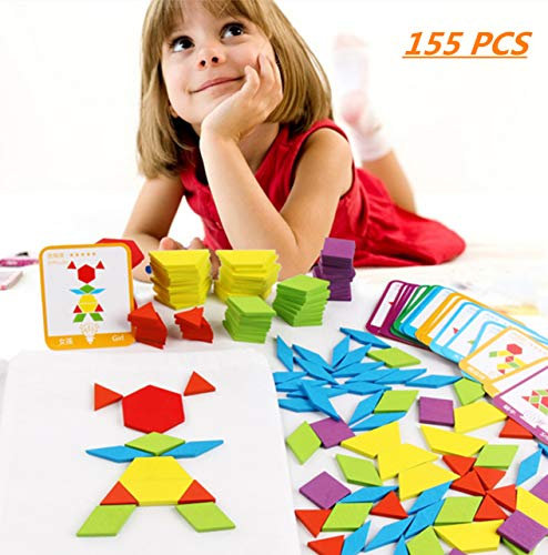 FISHSHOP Holzpuzzles 155 Teilig Geometrische Formen Puzzle Bausteine Montessori Spielzeug Lernspielzeug Für Kinder Mädchen und Jungen ab 3 Jahr