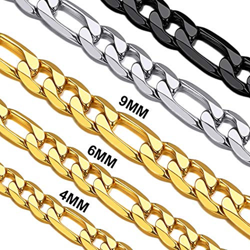 Suplight Men’s Stainless Steel Chain Necklace 9MM Flat Figaro Link Chains 20 Inch Sturdy Hip Hop Cowboy Necklace Gold Chain for Father Boyfriend Gift