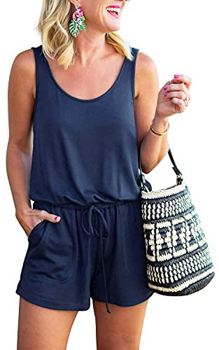 REORIA Damen Sommer Lose V-Ausschnitt Spaghettiträger Kurz Jumpsuit Marine L