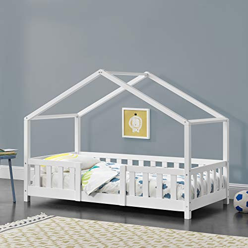 [en.casa] Letto per Cameretta a Forma di Casetta con Barriera di Protezione Letto Singolo per Bambini Struttura in Legno di Pino 70 x 140 cm Bianco