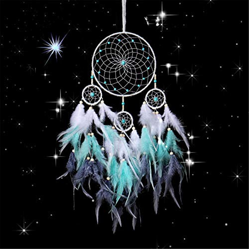 RAILONCH Vintage Blau Traum Dreamcatcher, Feder Traumfänger mit LED Licht, Handgemachte Dream Catcher für Kinder Zimmerdekoration und Kreatives Wandbehang Geschenk (ohne LED-Lichterkette)