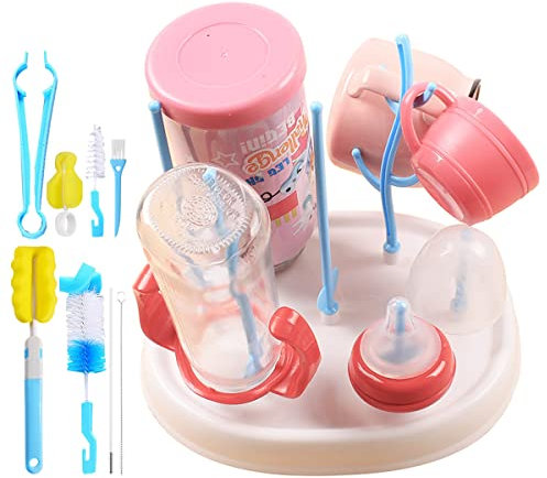 9Pcs Juego De Cepillos para Limpiar Biberones con Bandeja De Drenaje,Jicyor Esponja De Nailon Multiusos Cepillo De Limpieza Limpio Tetina para Biberón Paja Tetera Botellas De Cristal De Agua