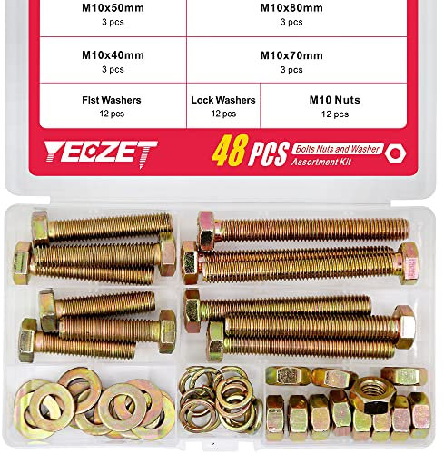 YEEZET Schrauben M10 48 Stück verzinkt 8.8 Sechskantschrauben Unterlegscheiben Federringe und Muttern Sortiment Kit 40mm 50mm 70mm 80mm