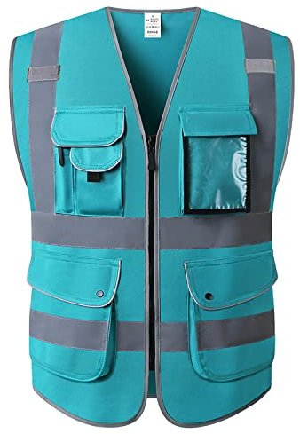 XIAKE Sicherheitsweste mit 9 Taschen, Klasse 2, hohe Sichtbarkeit, reflektierende Sicherheitsweste für Männer und Frauen, Arbeitsweste, Seeblau, 4X-Large