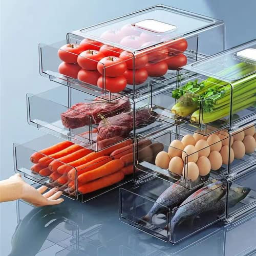 YekouMax Kühlschrank Organizer Set, Hochwertige Stapelbare Aufbewahrungsbox Küche, Schubladen Küchenschrank Organizer Für, Zum Aufbewahren von Obst, Gemüse (2er-Set, extra groß + mittel)