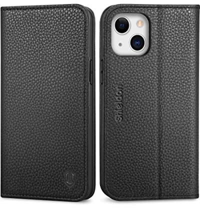 SHIELDON Hülle für iPhone 13 Handyhülle [Litschi Echtleder] [Verdicht TPU] [Kartenfach] [Magnet] [Standfunktion] Schutzhülle RFID-Sperre Lederhülle Klapphülle Kompatibel mit iPhone 13 6.1 - Schwarz