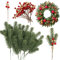 VINFUTUR 30pcs Ramas de Pino Artificial de Navidad Ramas de Abeto Ramitas Verde+20pcs Bayas Artificiales Rojas y Doradas Accesorios Corona Navidad Decoración Árbol Navidad