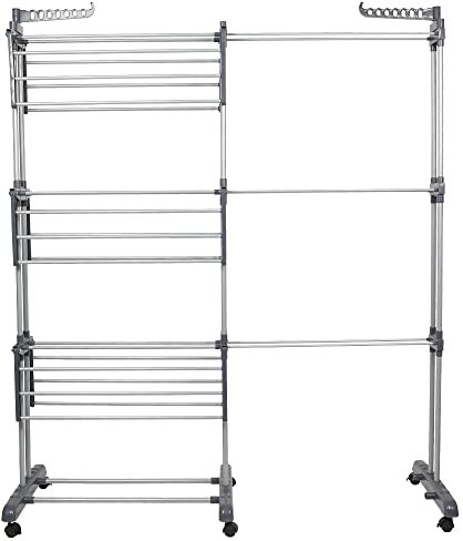 THINFAR Séchoir à linge vertical et extensible, à 4 niveaux, avec roues, en acier inoxydable, parfait pour une utilisation en extérieur sur un balcon ou en intérieur, 75-142,5 x 64 x 170 cm, gris