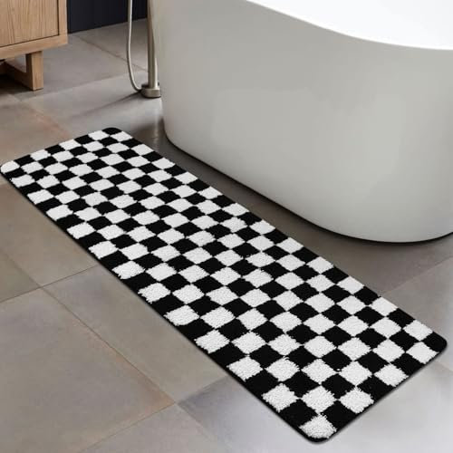 Uphome Badezimmerläufer, schwarz-weiß kariert, lang, maschinenwaschbar, Badematte, rutschfest, 50 x 150 cm, wasserabsorbierend, weiche Mikrofaser, Badteppich für Badewanne, Dusche, Boden