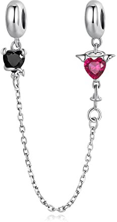 Clip Safety Chain for Pandora Bracelet Sterling Silver Valentine's Day Halloween Christmas Charm Love Cross Flower Safety Chain for Women (Black Red Love Crystal)