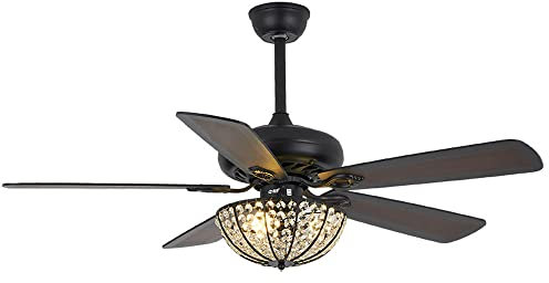 FAZRPIP Indoor Ceiling Fan With Lights Reversible 5 Wooden Fan Blades 6 Levels Wind Speeds Timed Low Profile Fan Light Traditional Ceiling Fan With Crystal Shade