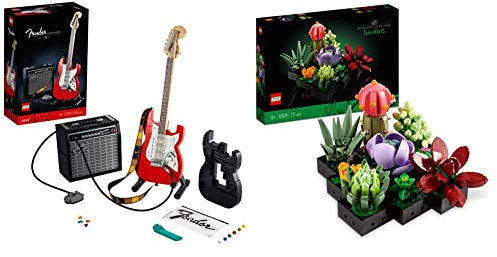 LEGO 21329 Ideas Fender Stratocaster, DIY-Gitarren-Kit & 10309 Icons Sukkulenten Botanical Collection Set für Erwachsene zum Basteln von Zimmerdeko mit 9 baubaren künstlichen Mini-Pflanzen, Home Deko