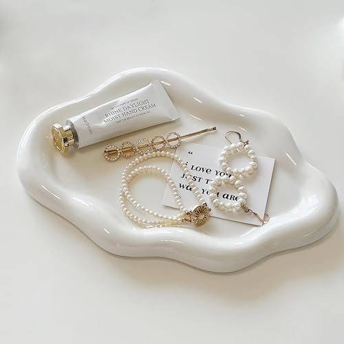 Keramik-Schmuckschale für Damen, Schmucktablett, Schmuckschale, unregelmäßige Wolkenform, Keramikplatte, Uhren-Schlüssel, Ringschalenhalter für Muttertag, Weihnachten, Erntedankfest, Geburtstag, Weiß