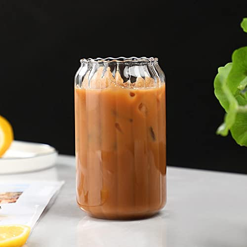 PEEHOO 400/500ml Stripes Transparent Drinking Coffee Glass Cup with Straws Wine Milk Beer Cola Juice Cold Drinkware Can,400ml
