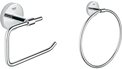 GROHE BauCosmopolitan Toilet Paper Holder (Metal without Cover, Concealed Fastening & BAU Cosmopolitan Towel Ring, 40460001, Chrome
