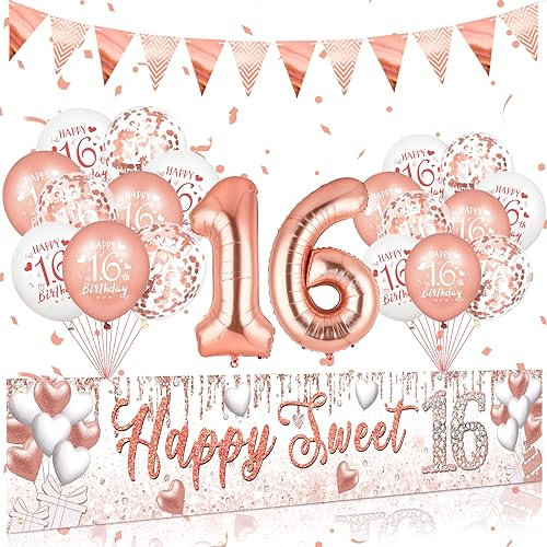 Sweet 16 Geburtstag Dekorationen Roségold Happy Sweet 16 Banner 18 Stück Luftballons zum 16. Geburtstag 40 Zoll Nummer 16 Folienballons für Mädchen Sweet Sixteen Geburtstag Jahrestag Partyzubehör