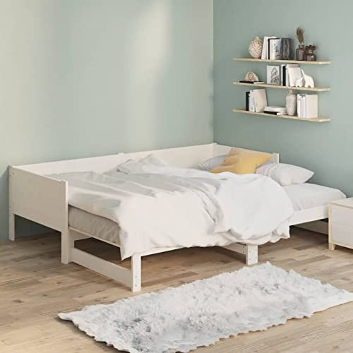 Homgoday Ausziehbares Tagesbett Ausziehbett Schlafsofa Sofa Schlafcouch Bettsofa Sofabett Gästebett Couch Tagesbett Bettcouch Holzbett Weiß Massivholz Kiefer 2X(80x200) cm
