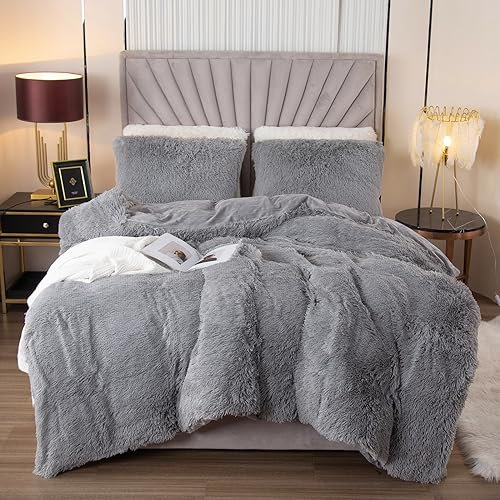 EMME Plüsch Bettwäsche Set 200x200cm Biber Flauschige Bettdecke Set für Bett Shaggy und Plüsch weiche Bettwäsche Bettbezüge und 1 Kissenbezug 2 x (80x80cm), Hellgrau