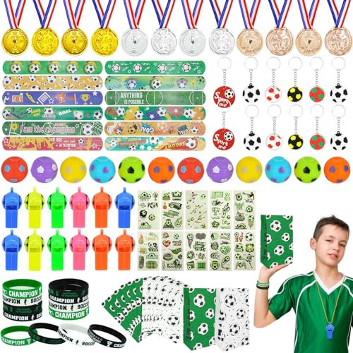 FIHODONE 94 Stück Fussball Geschenke Jungen Fußball Deko,Mitgebsel Kindergeburtstag, Fussball Deko Geburtstag Kinder mit Schlüsselanhänger Trillerpfeife Medaillen Geschenktüte Usw
