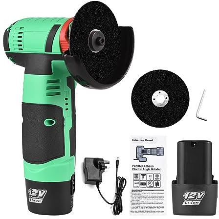 Vislone 12V Cordless Angle Grinder Tool Kit Portable Lithium Electric Angle Grinder 19500rpm Mini Rechargeable Power Cutter with 2pcs Batteries 2pcs Grinding Discs for Grinding Polishing