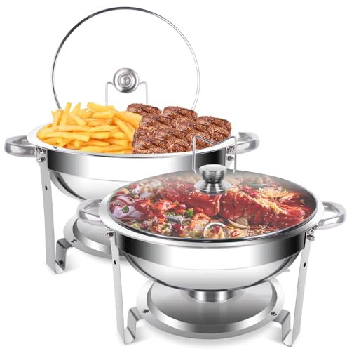 LazyWomen Set di 2 scaldavivande rotondi da 5 litri, con coperchio in vetro e supporto, per mantenere il cibo caldo per feste, catering, matrimoni, campeggio, cena