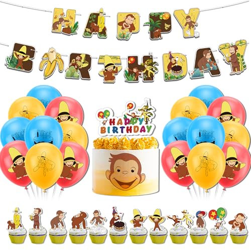 32 pcs Monkey Party Decorations, Monkey Party Supplies, Monkeys Cake Toppers, Monkeys Cake Decorations, Birthday Flag Balloons Cupcake Toppers for Kids