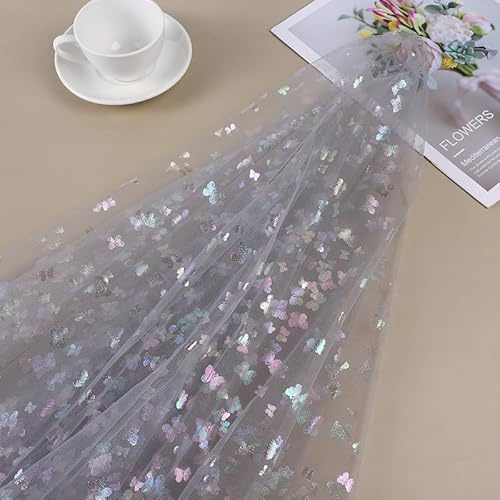 SYSUII 2m * 150cm Glitzer Tüll Dekostoff mit Schmetterling Dekostoff Kostümstoff zum Nähen Netzstoff Netztüll zum Dekorieren Basteln für DIY-Hochzeitskleider Tischdecken Deko -Grau