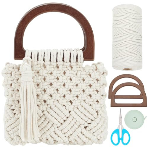 WEBEEDY Makramee-Taschen-Set DIY-Makramee-Fransen-Quasten-Handtaschenherstellungs-Set mit Video Tutorial Boho-Makramee-Einkaufstasche Mit Holzgriff Makramee-Bastelsets Für Urlaub, Stranddekoration
