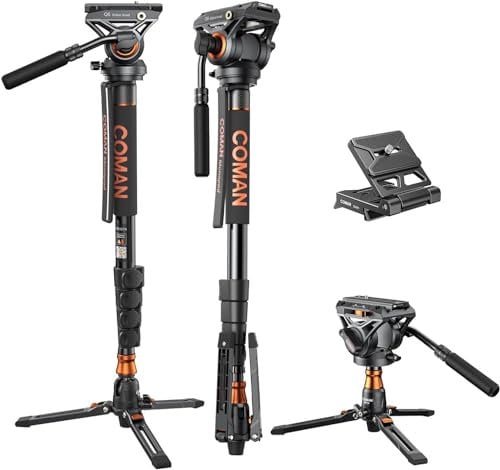 COMAN Treppiede per fotocamera – monopiede con testa a fluido girevole, altezza massima 180 cm per DJI RS e Manfrotto scheda di montaggio rapido
