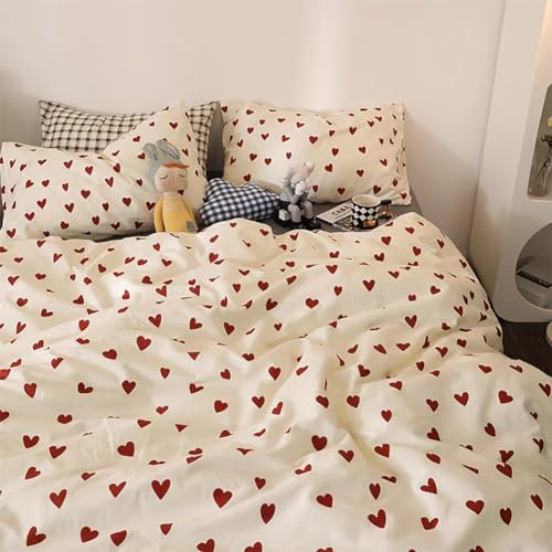 AShanlan Bettwäsche 135x200 Mädchen Rot Herzen Kinderbettwäsche Set Weiß mit Roten Herzchen Microfaser Kinder Teenager Bettbezug und Kissenbezug 80x80 cm mit Reißverschluss