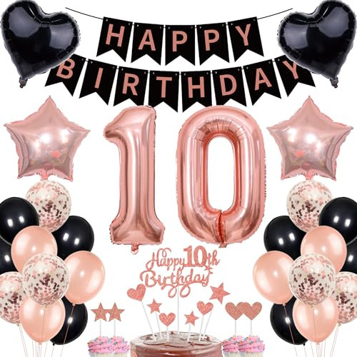 Rose Gold 10 Girls 10th Birthday Decoration - Balloon, Cake & Gift Set