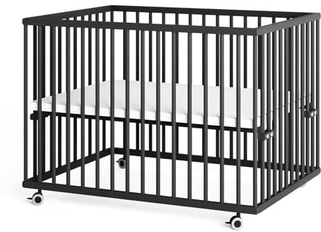 Sämann Laufstall Baby 75x100 cm | TÜV geprüft 2024 | stufenlos höhenverstellbar | Laufgitter Premium | Babybett aus Holz | Krabbelgitter Black Edition